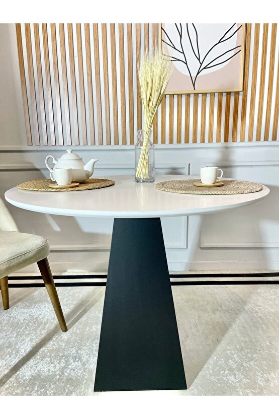 100 Cm Siyah Fitilli Yuvarlak Ahşap Yemek Masası - Fungi Mantar Masa - Balkon Kafe Masası