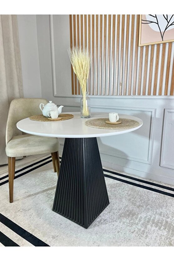 100 Cm Siyah Fitilli Yuvarlak Ahşap Yemek Masası - Fungi Mantar Masa - Balkon Kafe Masası