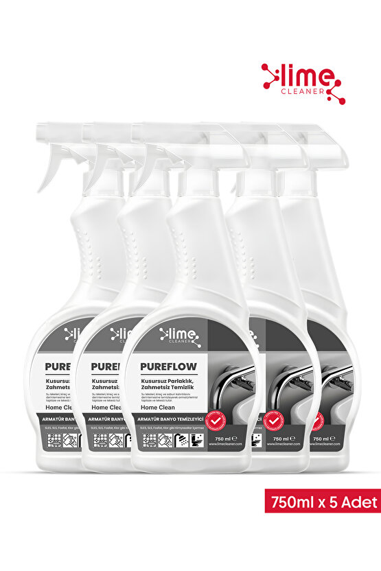 PureFlow Armatür Banyo Temizleyici Kireç ve Leke Sökücü - Etkili Çözüm! 750ml - 5 Adet