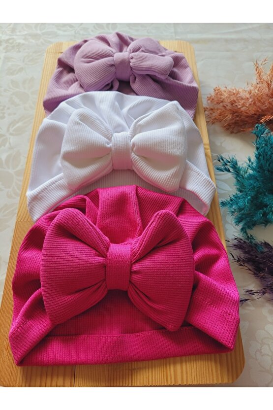 Kız Bebek & Çocuk Renkli Fiyonk Bone 3lü Set