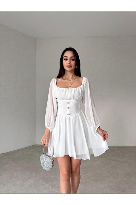 Düğme Detaylı Mini Şifon Elbise