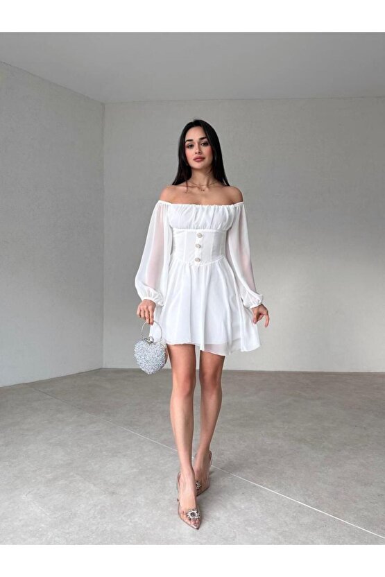 Düğme Detaylı Mini Şifon Elbise