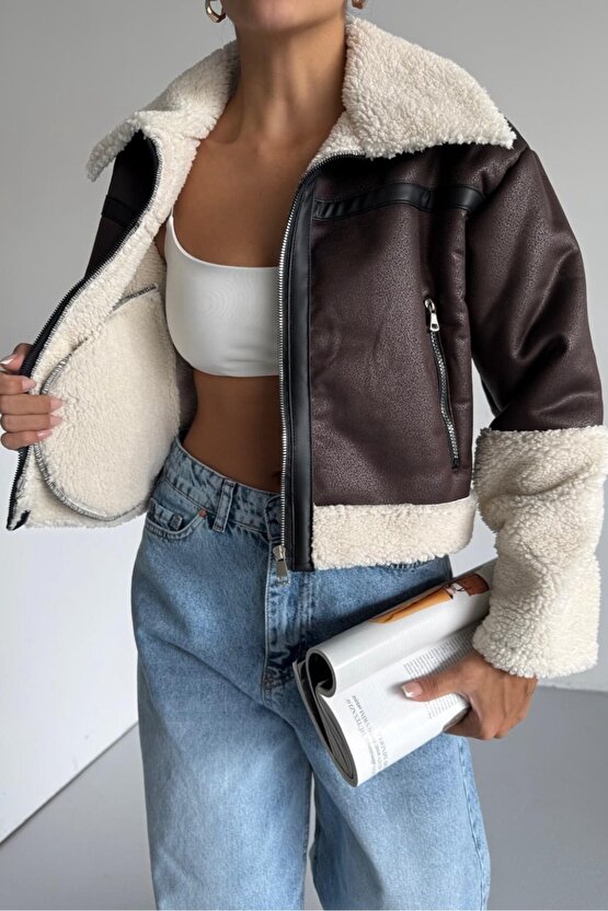 Kadın Peluş Detaylı Crop Biker Suni Deri Mont