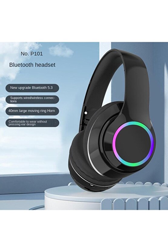 P101 BLUETOOTH KULAKLIK 5.3 HEADPHONE ŞARJLI RGB LED IŞIKLI FM RADYO SD KART TYPE C ŞARJ Uyumlu