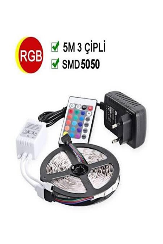 5 Metre Rgb Şerit Led Uzaktan Kumandalı Silikonlu Iç Ve Dış Mekan Adaptörlü