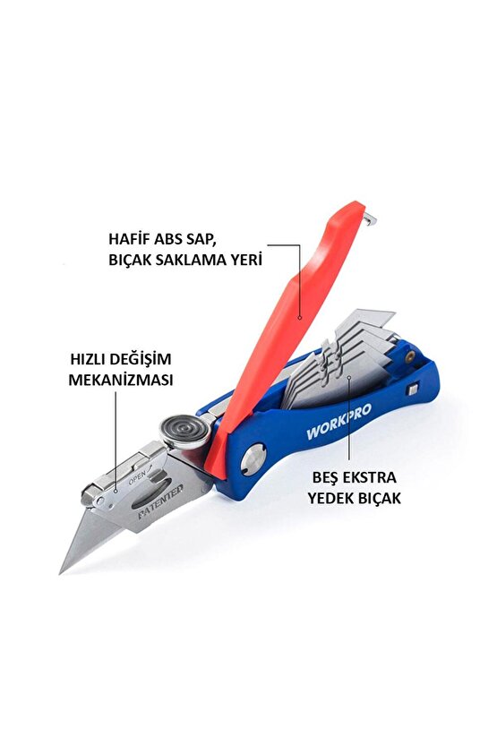 WP211006 Ağır Hizmet Paslanmaz Çelik Gövde Katlanır Rötuş Maket Bıçağı + 6 Adet Yedek Bıçak