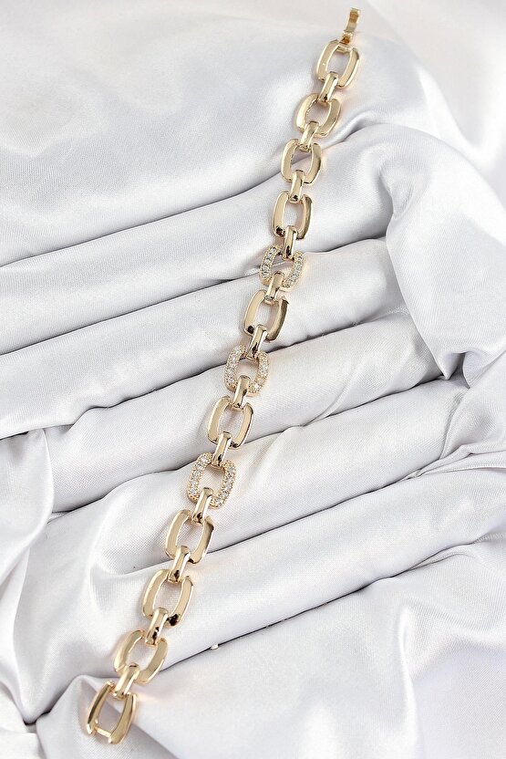 Pirinç Zirkon Taşlı Parçalı Zincir Model Gold Renk Kadın Bileklik