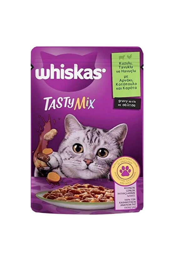 Pouch Tasty Mix Sos İçerisinde Kuzu Etli Tavuklu ve Havuçlu Yetişkin Konserve Kedi Maması 85