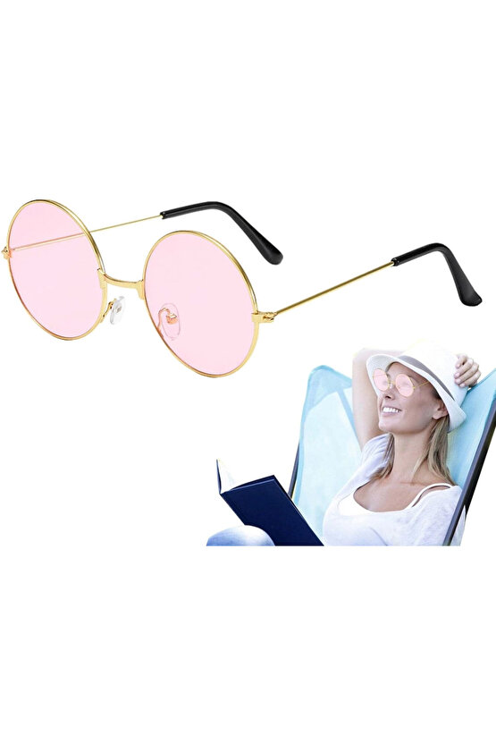 Yulak Cam John Lennon Tarzı Hippi Gold Çerçeveli Pembe Gözlük