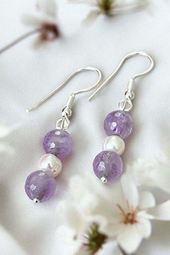 HAKİKİ LAVENDER AMETİST DOĞALTAŞ & KÜLTÜR İNCİSİ 925 AYAR GÜMÜŞ KÜPE