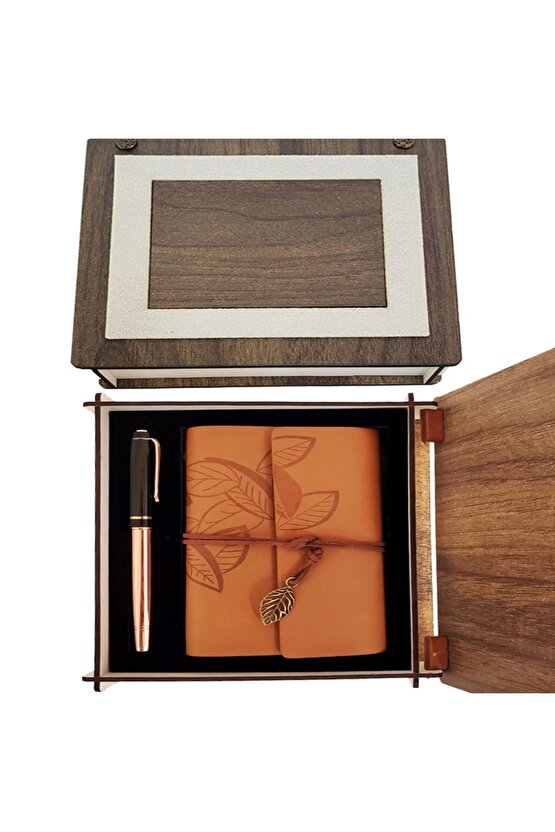 Özel Ahşap Kutulu Taba Deri Defter Ve Bakır Roller Kalem Set