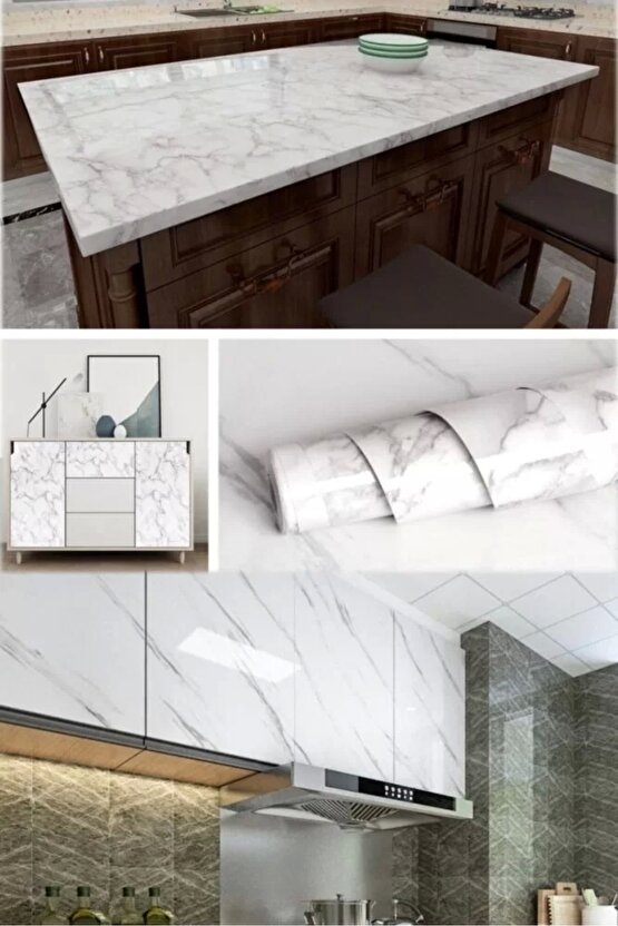 Beyaz Mermer Desenli Yapışkanlı Tezgah Folyosu (3 Mt.x 60 Cm)