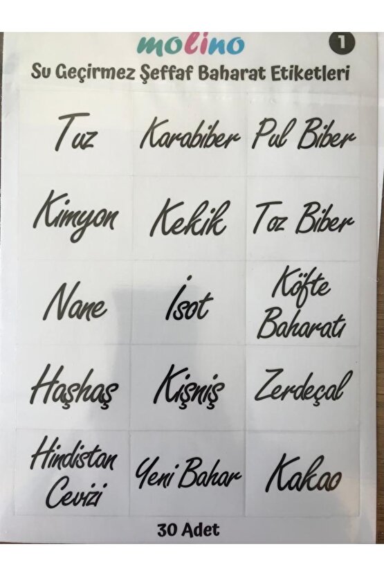 30 Adet Suya Dayanıklı Şeffaf Baharat Etiketi