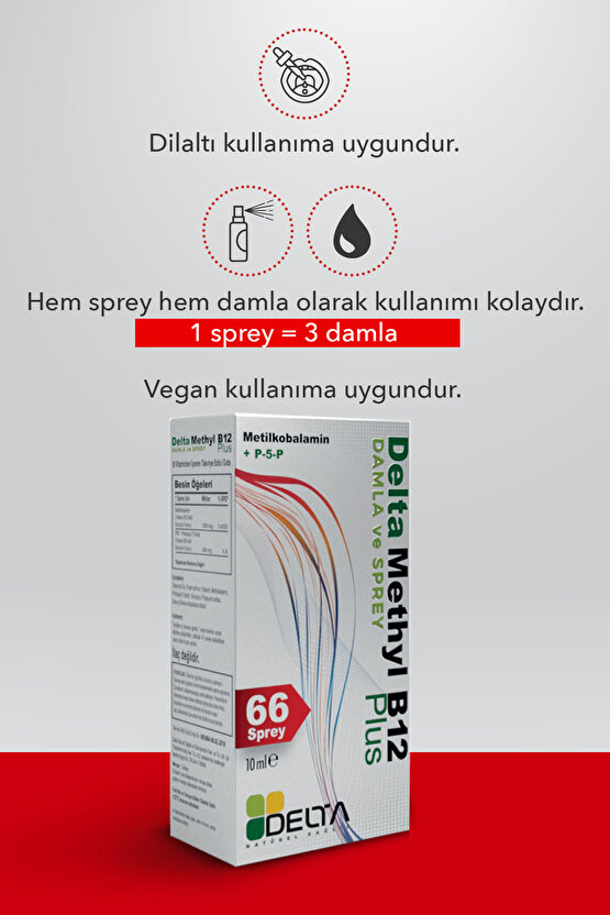 Delta Methyl B12 Plus Dil Altı Sprey, Aktif B12 (Metilkobalamin) + Aktif B6  Vegan 4+ yaş 10 ml