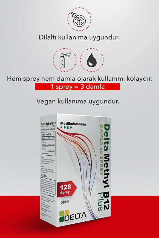 Delta Methyl B12 Plus Dil Altı Sprey, Aktif B12 (Metilkobalamin) + Aktif B6  Vegan 4+ yaş 20 ml