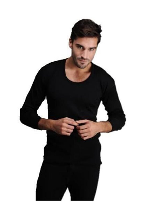 HASYÜN BORA SİYAH ERKEK UZUN KOLLU DON TAKIM İÇLİK DOĞAL YÜN