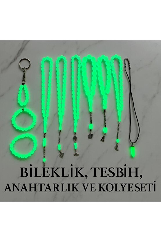 Fosforlu Kedigözü 10Lu Set-Tesbih Kolye Bileklik Anahtarlık Seti-Karanlıkta Parlar-Hediye Aksesuar
