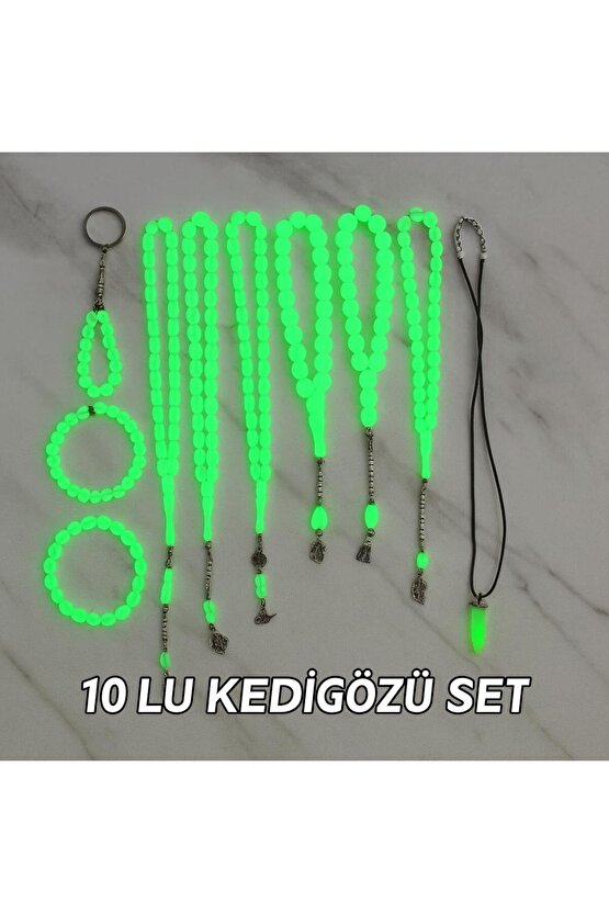 Fosforlu Kedigözü 10Lu Set-Tesbih Kolye Bileklik Anahtarlık Seti-Karanlıkta Parlar-Hediye Aksesuar
