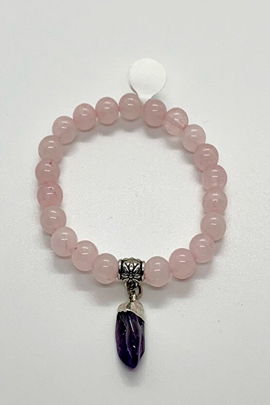 Doğal Pembe Kuvars  Aşk Taşı Ve Ametist  Sevgi Taşı Bileklik