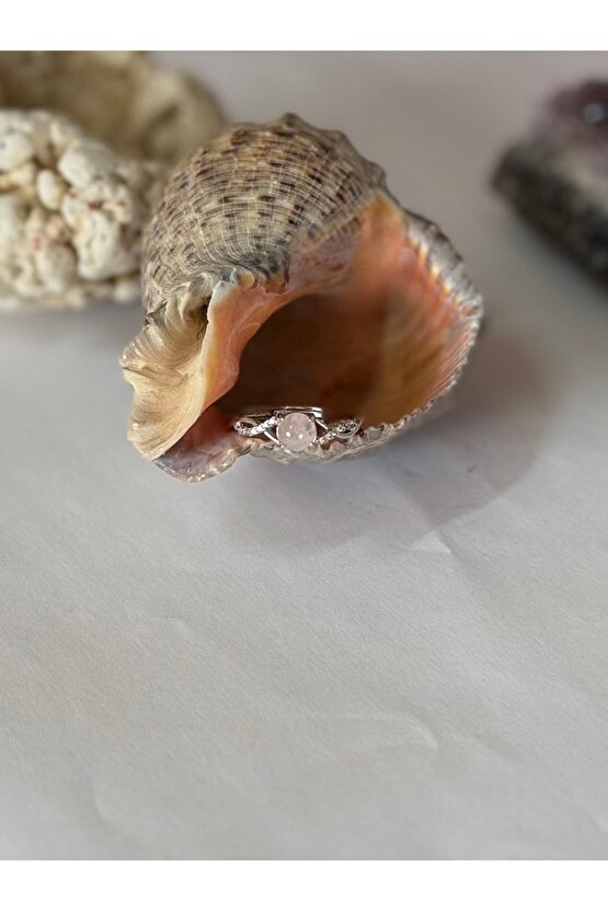 Pembe Kuvars Taşı Doğal Taş Ayarlamalı Yüzük