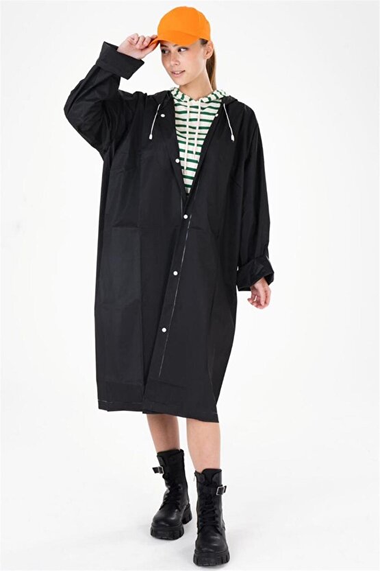 Unisex Kadın Ve Erkek YAĞMURLUK %100 EVA Çıtçıtlı Kapüşonlu SİYAH Renk