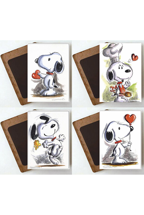 köpek snoopy sevimli halleri 4lü ahşap magnet buzdolabı süsü