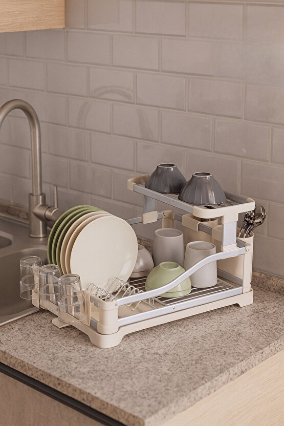 2 Katlı Büyük Boy Bulaşıklık – 53x37x26,5 cm Paslanmaz Çelik Tabak Bardak Kurutmalık Düzenleyici