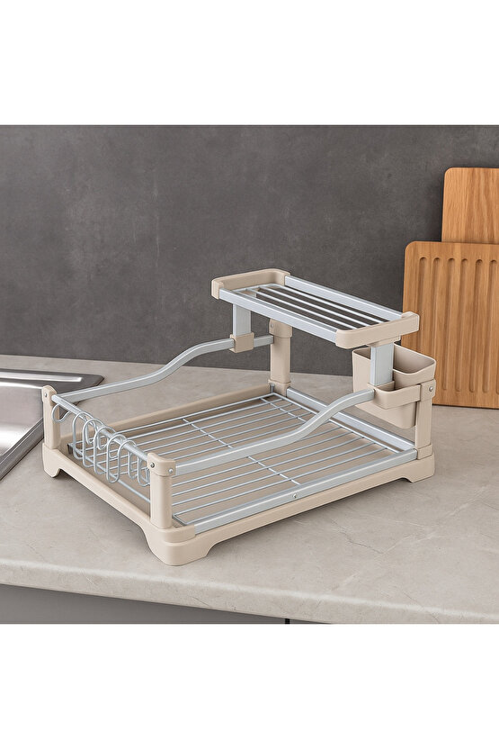 2 Katlı Büyük Boy Bulaşıklık – 53x37x26,5 cm Paslanmaz Çelik Tabak Bardak Kurutmalık Düzenleyici
