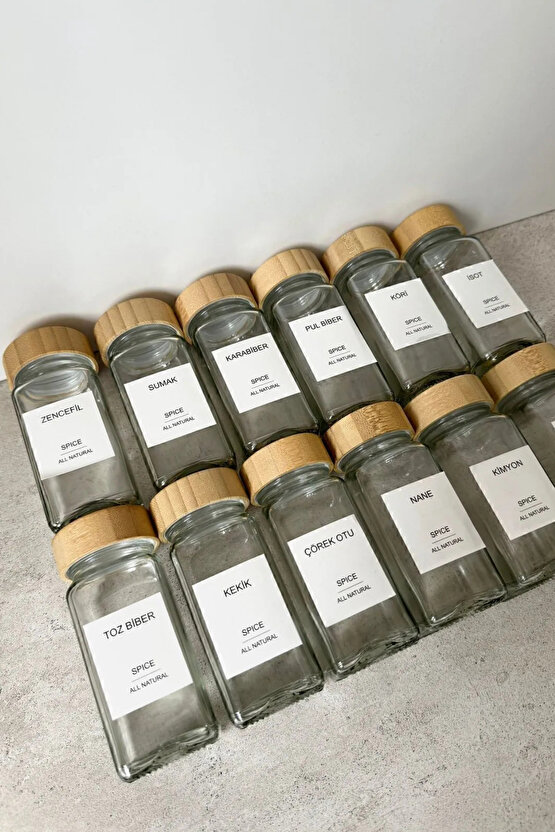 12’li Bambu Kapaklı Kare Formlu Cam Baharatlık Seti 120 ml   16 Adet Etiket Hediye