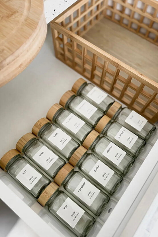 12’li Bambu Kapaklı Kare Formlu Cam Baharatlık Seti 120 ml   16 Adet Etiket Hediye