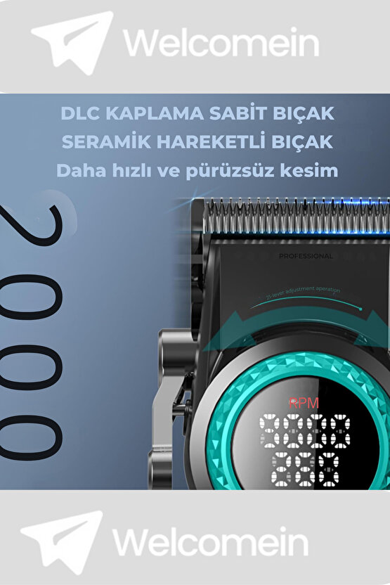 Profesyonel Saç Kesme Makinesi Kablosuz Berber Makası Karbon Çelik Bıçaklı Tıraş Makinesi LED Ekran