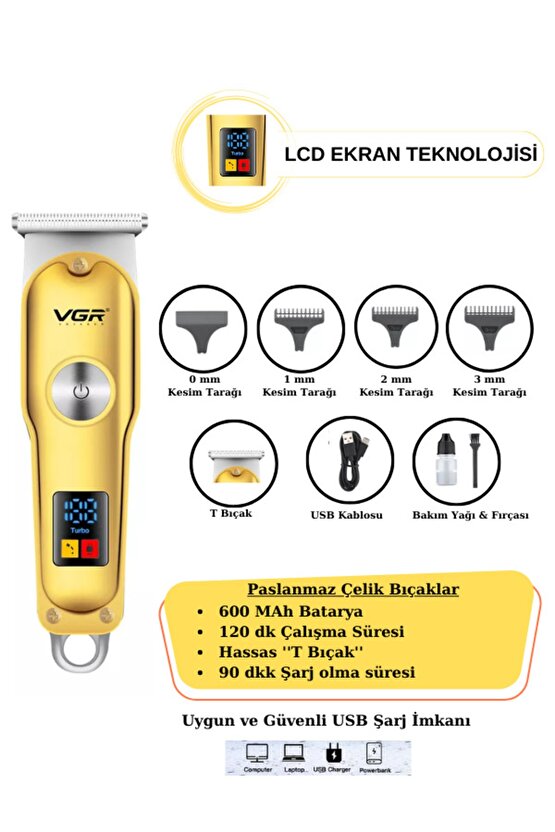 Led Göstergeli Metal Saç Sakal Ense Vücut Tıraş Makinesi Usb Girişli