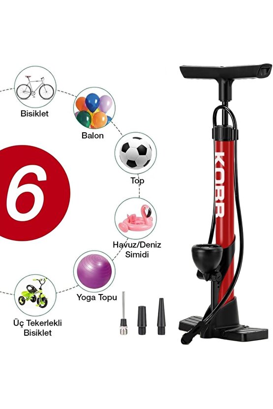 KB3848 87 PSI Analog Basınç Göstergeli Taşınabilir El Pompası, KırmızıSiyah