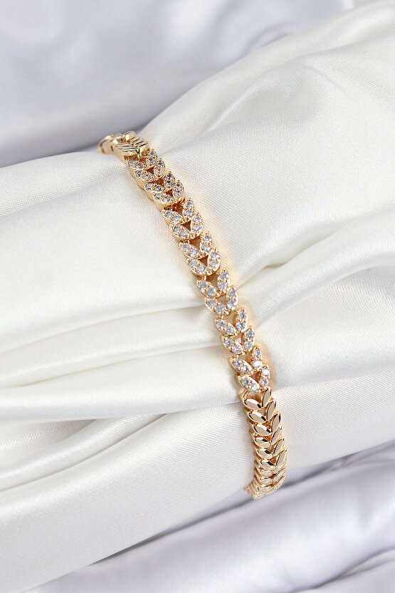 Pirinç Zirkon Taşlı Sıralı Yaprak Model Gold Renk Kadın Bileklik - Lisinya