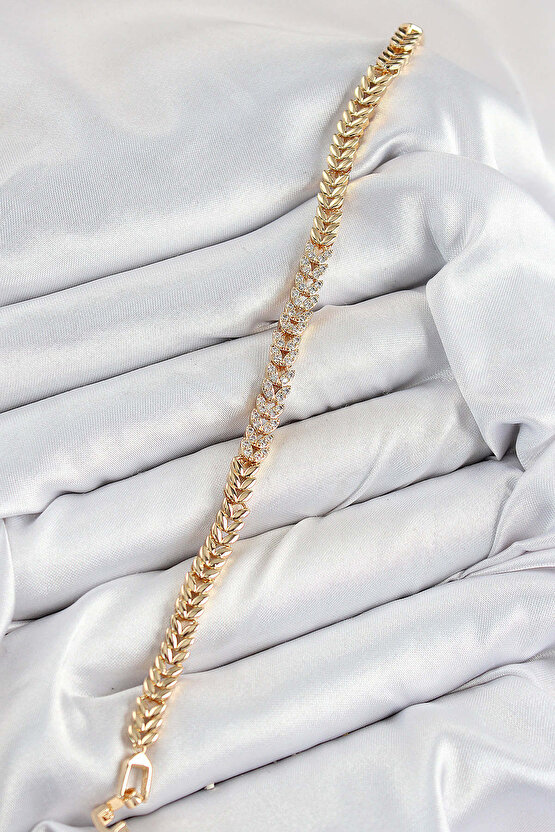 Pirinç Zirkon Taşlı Sıralı Yaprak Model Gold Renk Kadın Bileklik - Lisinya