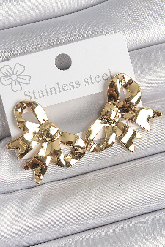 316 Çelik Gold Renk Kurdele Plaka Model Kadın Küpe - Tj-Bkp10531