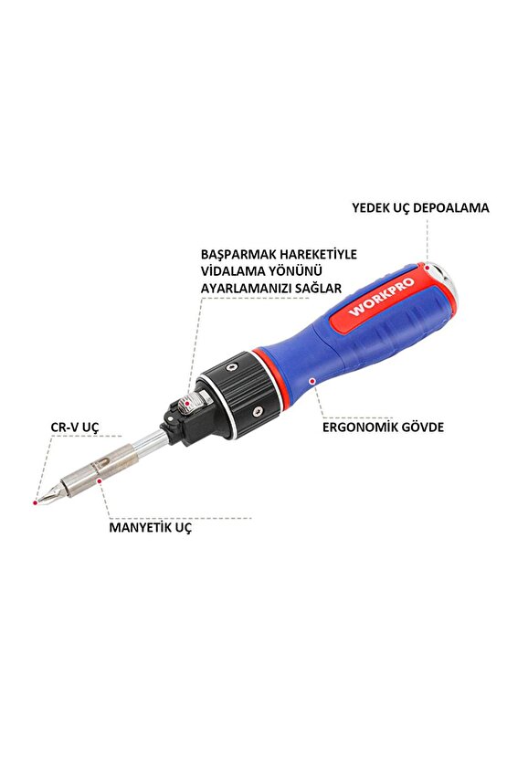 WORKPRO WP221069 6-IN-1 Profesyonel CR-V Cırcırlı Manyetik Tornavida Seti