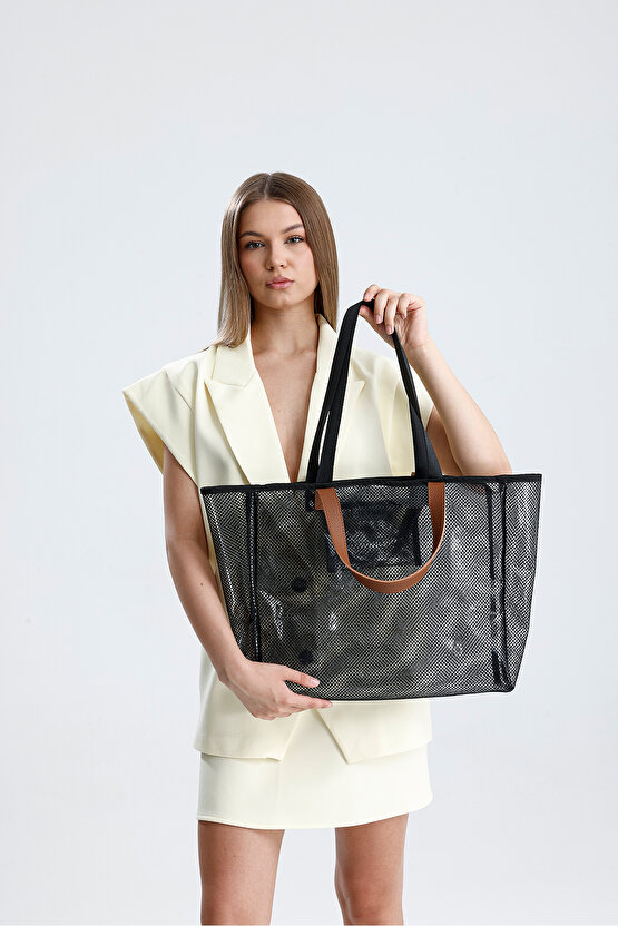 Kadın Siyah File Şeffaf Büyük Boy Plaj Ve Alışveriş Shopper Tote Omuz Çantası