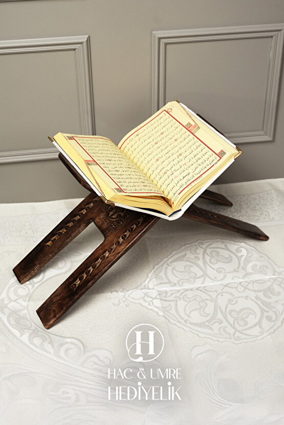 Rahle El Yapımı Masif Ahşap | Desenli Kulplu Kitap Okuma Standı | Orta Boy Kuran Rahlesi