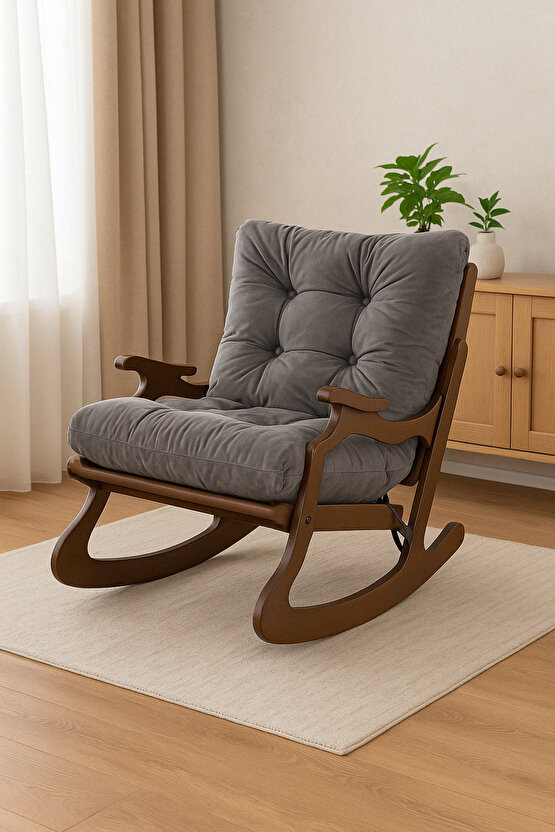 Ahşap Gövdeli Konforlu Minderli Sallanan Sandalye Gri Renk Kumaş Dinlenme Koltuğu