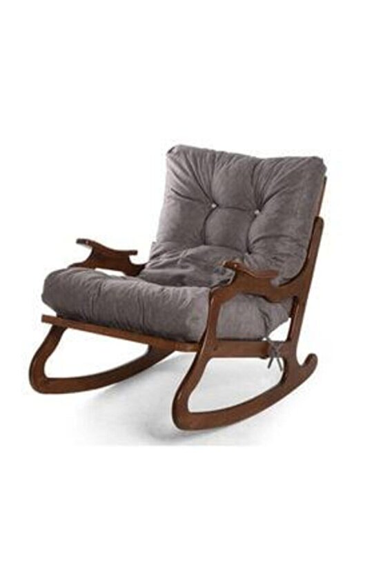Ahşap Gövdeli Konforlu Minderli Sallanan Sandalye Gri Renk Kumaş Dinlenme Koltuğu