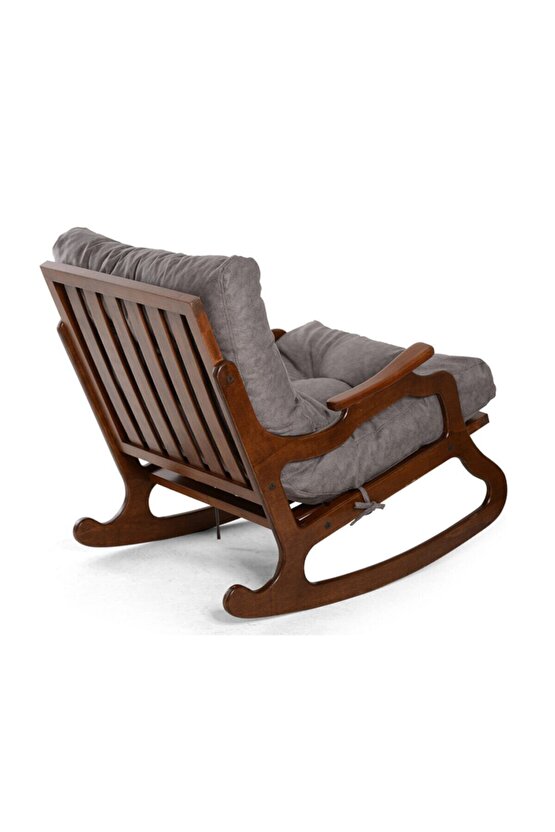 Ahşap Gövdeli Konforlu Minderli Sallanan Sandalye Gri Renk Kumaş Dinlenme Koltuğu