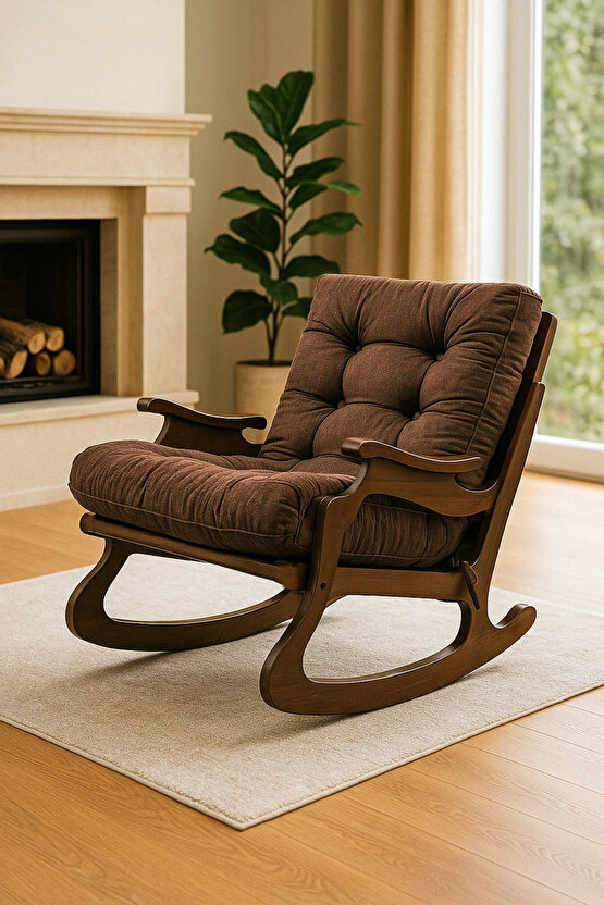 Ahşap Gövdeli Konforlu Minderli Sallanan Sandalye Kahverengi Renk Kumaş Dinlenme Koltuğu