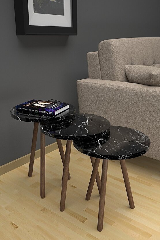 3’lü Yuvarlak Zigon Sehpa Takımı – Ahşap Ayaklı, Modern Tarz, Kahve Ve Sunum Sehpası Siyah Mermer