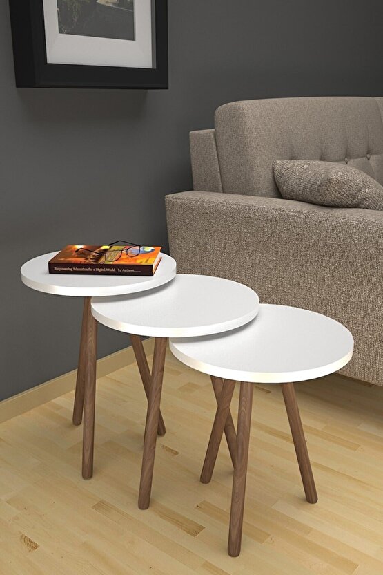 Üçlü Yuvarlak Ahşap Ayaklı Zigon Sehpa 3’lü Sunum Sehpası Servis Sehpası Yan Sehpa Beyaz