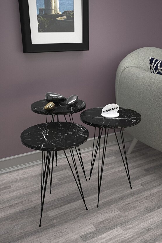 3’lü Zigon Sehpa Takımı | Siyah Metal Ayaklı Modern Yan Sehpa | Salon Dekoru Siyah Mermer