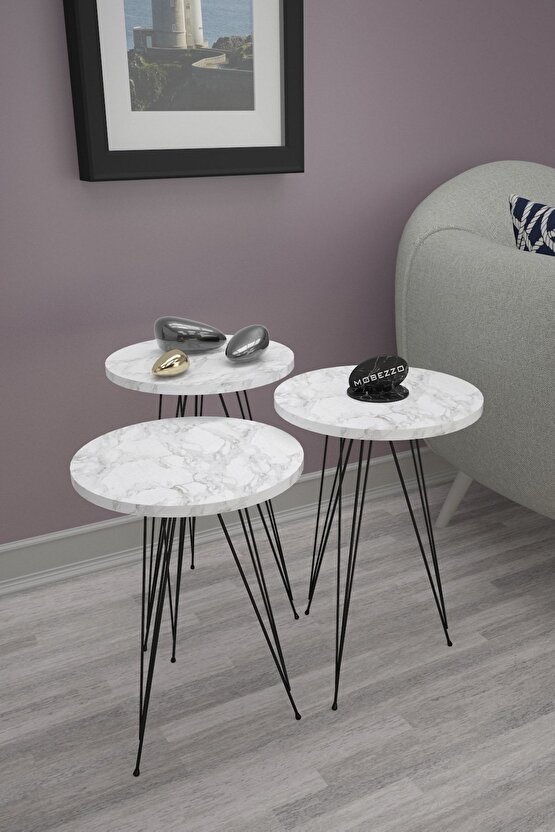 3’lü Zigon Sehpa Takımı | Siyah Metal Ayaklı Modern Yan Sehpa | Salon Dekoru Efes Beyaz Mermer