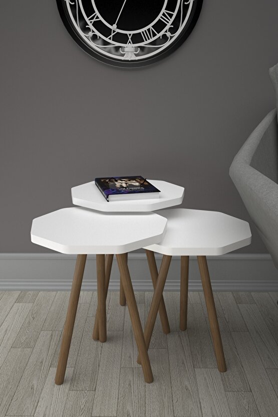 Ahşap Ayaklı Zigon Sehpa 3lü Beyaz Çokgen