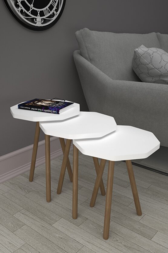 Ahşap Ayaklı Zigon Sehpa 3lü Beyaz Çokgen