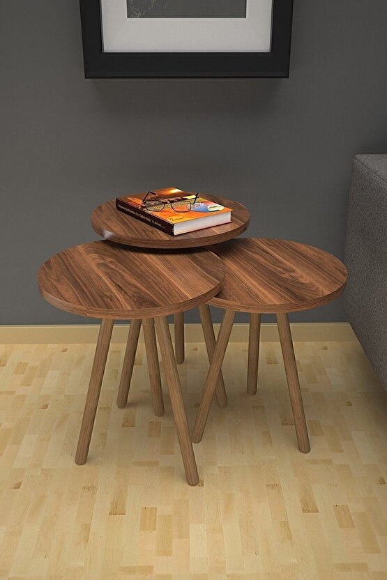 3’lü Yuvarlak Zigon Sehpa Takımı – Ahşap Ayaklı, Modern Tarz, Kahve Ve Sunum Sehpası Ceviz
